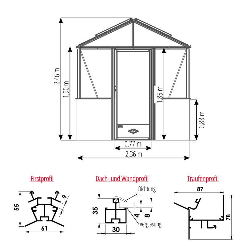 Gewächshaus LUXIA mit Mauersockel Breite 2,36 m