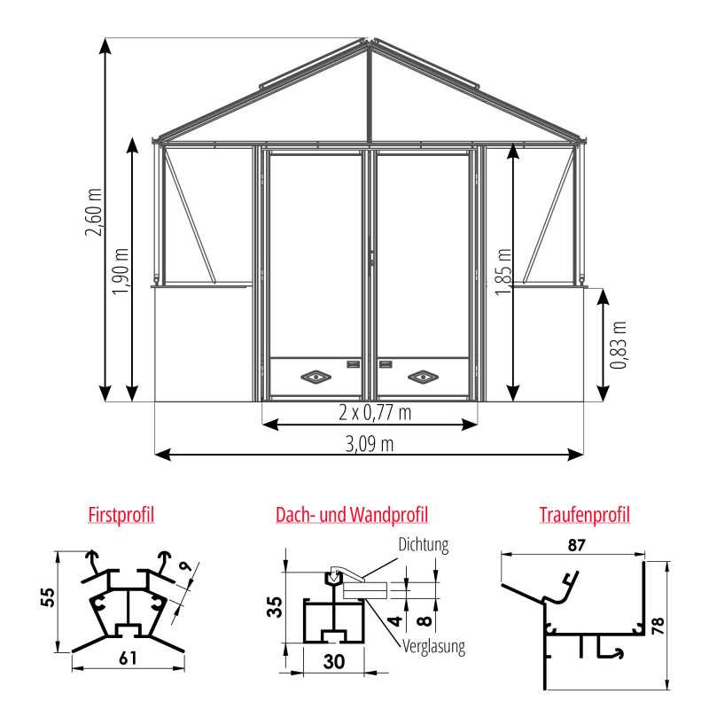 Gewächshaus LUXIA mit Mauersockel Breite 3,09 m