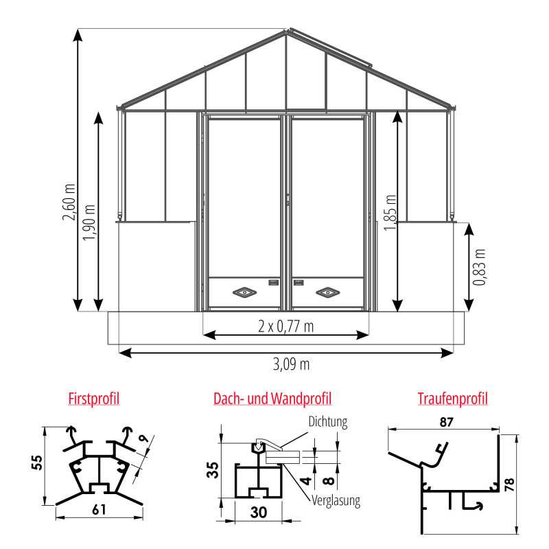 Gewächshaus LUXIA Retro mit Mauersockel Breite 3,09 m
