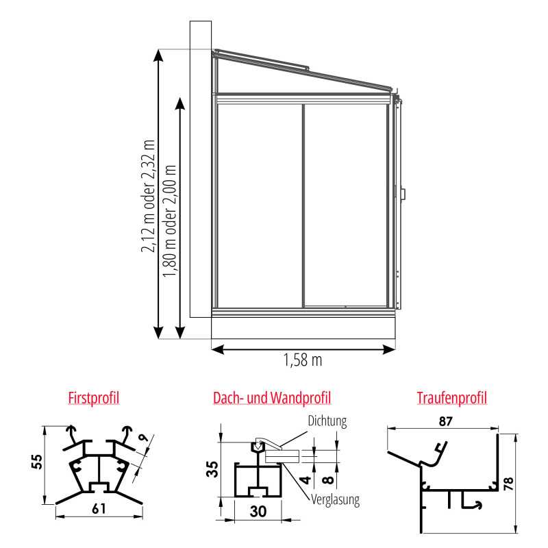 Anlehngewächshaus LUXIA Breite 1,58 m