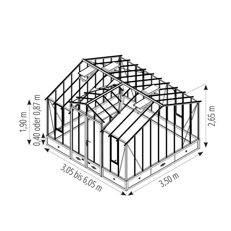 Glashaus CLASSIQUE Breite 3,50 m mit Dachgaube und Mauersockel