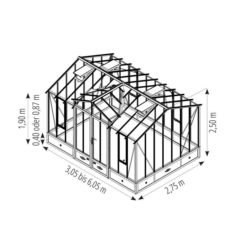 Glashaus CLASSIQUE Breite 2,75 m mit Dachgaube und Aluminiumsockel