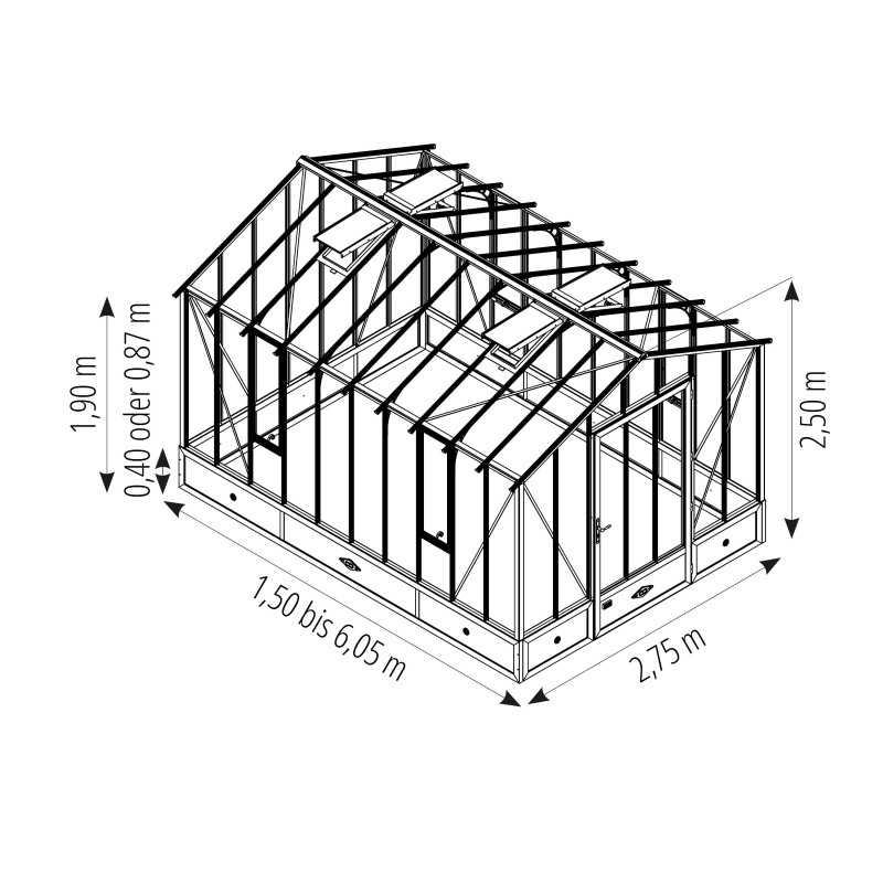 Glashaus CLASSIQUE Breite 2,75 m mit Mauersockel