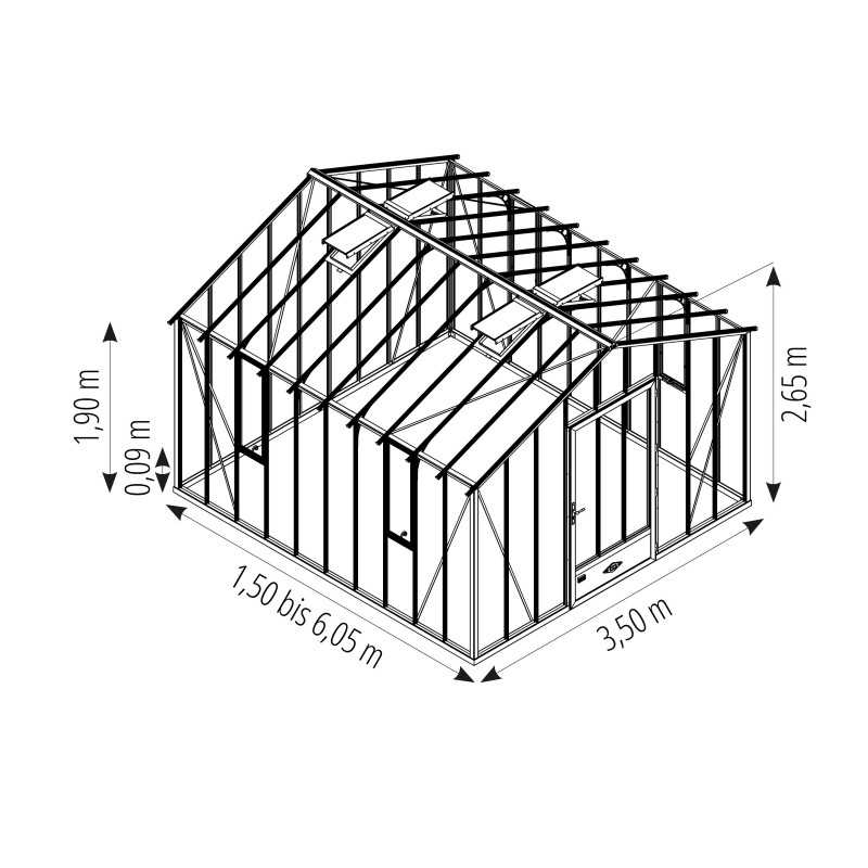 Glashaus AUTHENTIQUE Breite 3,50 m mit Aluminium-Fundamentrahmen