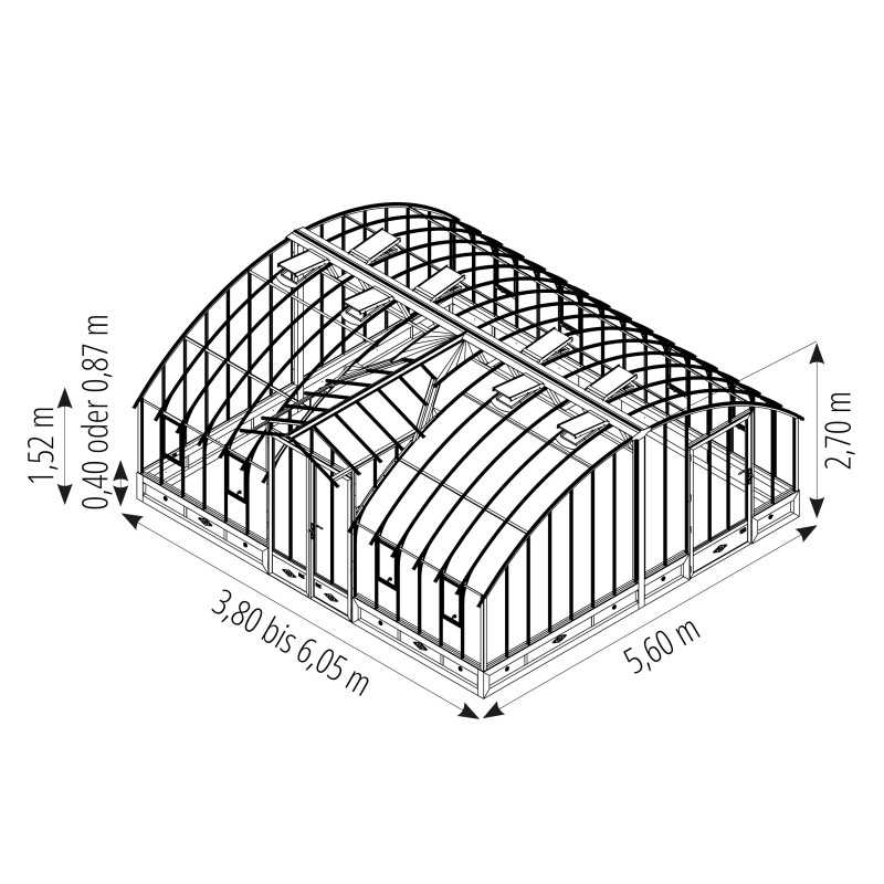 Glashaus AMBOISE Breite 5,60 m mit Mauersockel