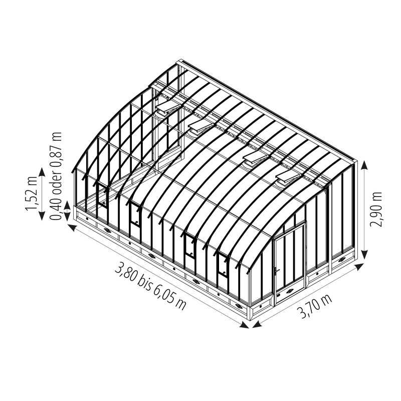 Glashaus CHAMBORD Breite 3,70 m mit Mauersockel