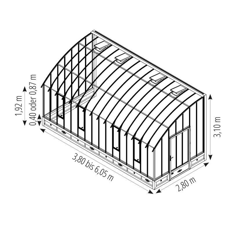 Glashaus CHAMBORD Breite 2,80 m mit Aluminiumsockel